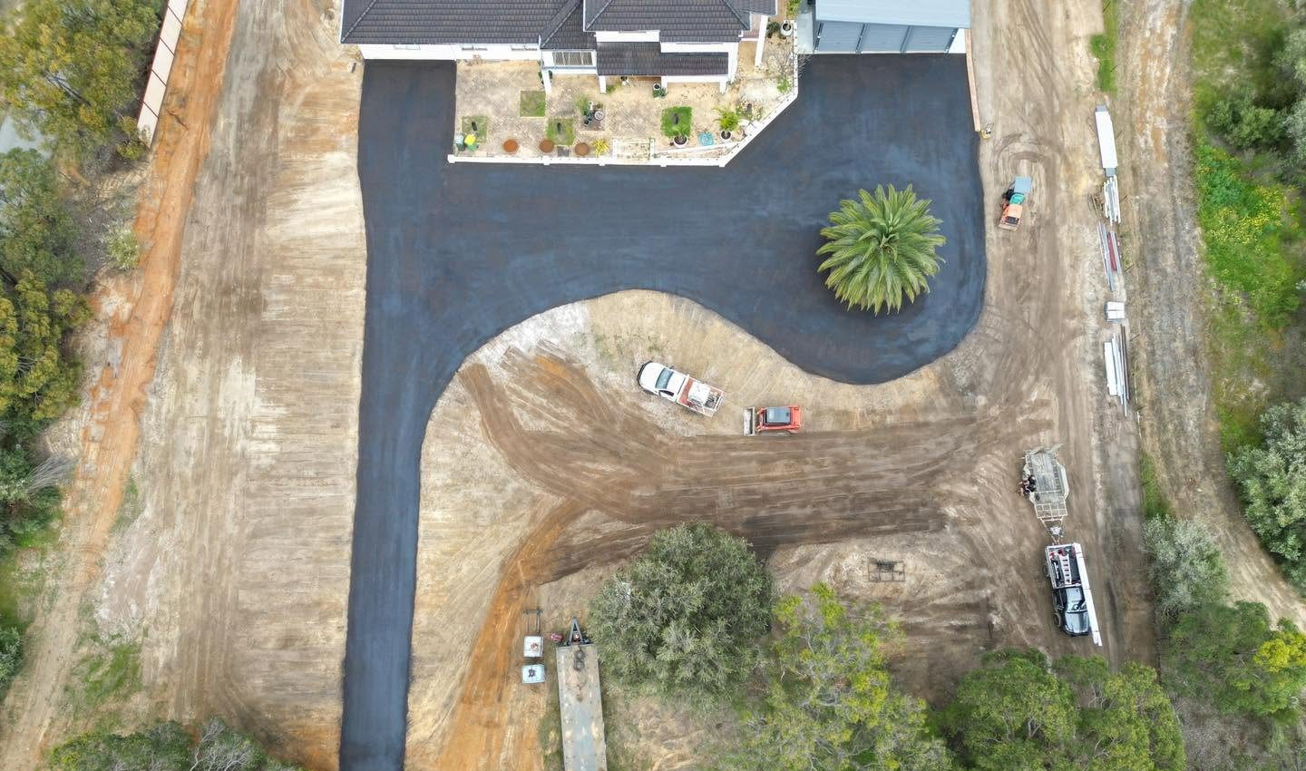 Aerial of a finished driveway and earthworks on a Perth Hills property
